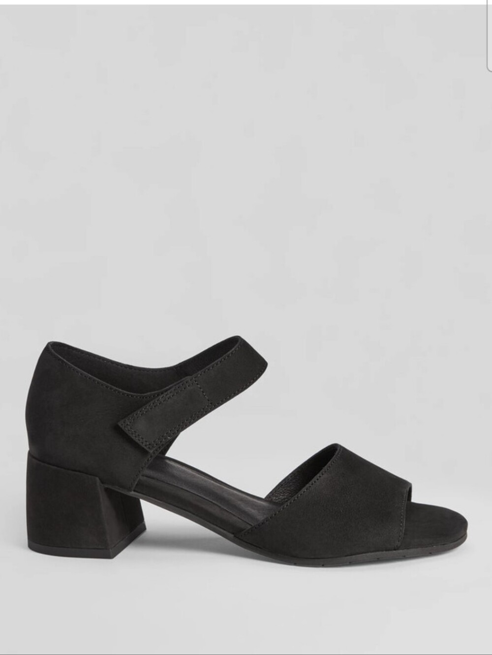 Eileen Fisher Fey Black Tumbled Suede Mid Block Heel Sandal Size 9